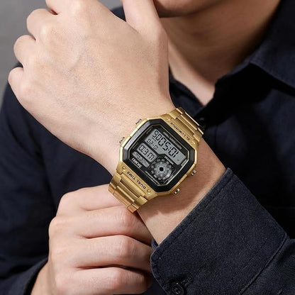 Premium Digital Watch for Men with Square Dial Dual Time Alarm Stopwatch and Metal Strap