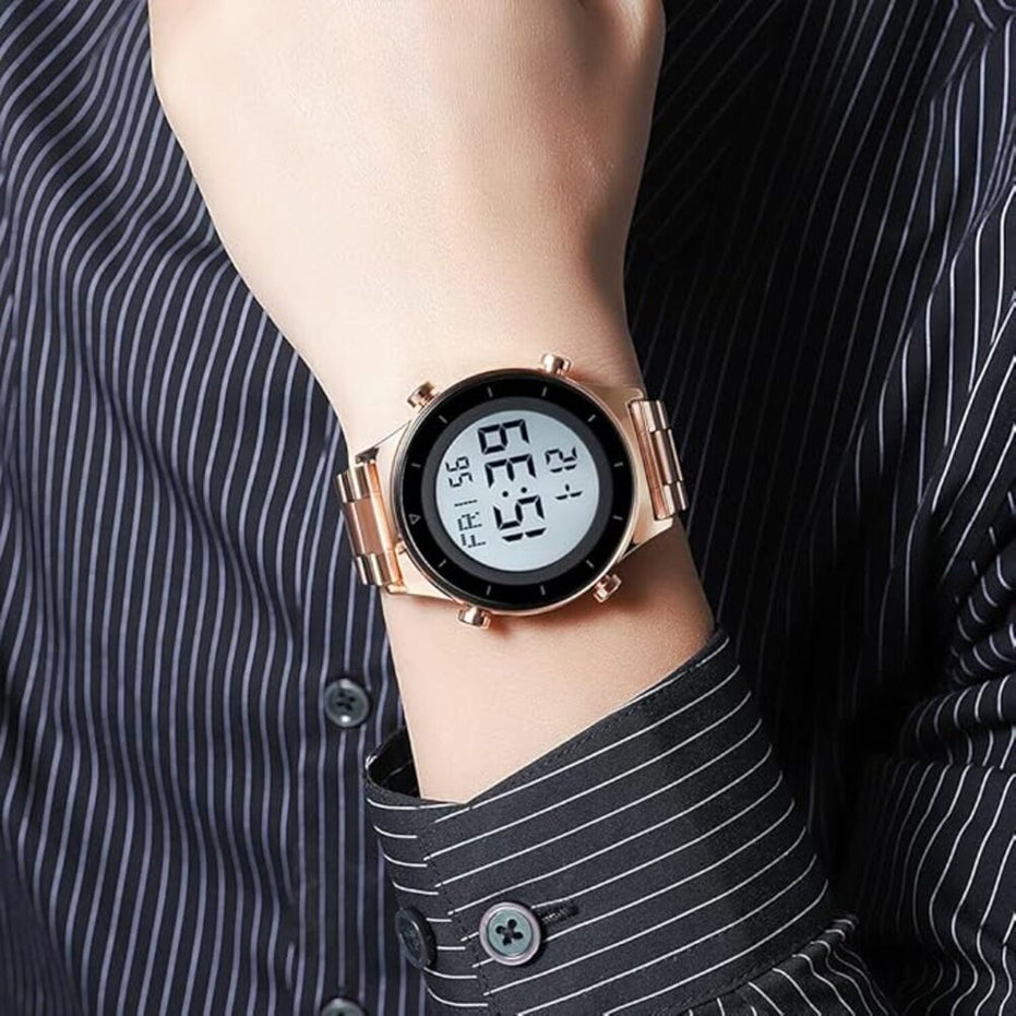 Digital Watch for Men with Rose Gold Leather Strap and Round Dial for Casual & Formal Wear