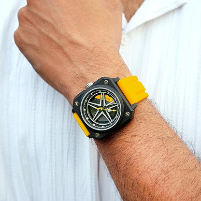 Silicone Men’s Analog Quartz Sports Watch Waterproof & Trendy Wheels Rolling Design