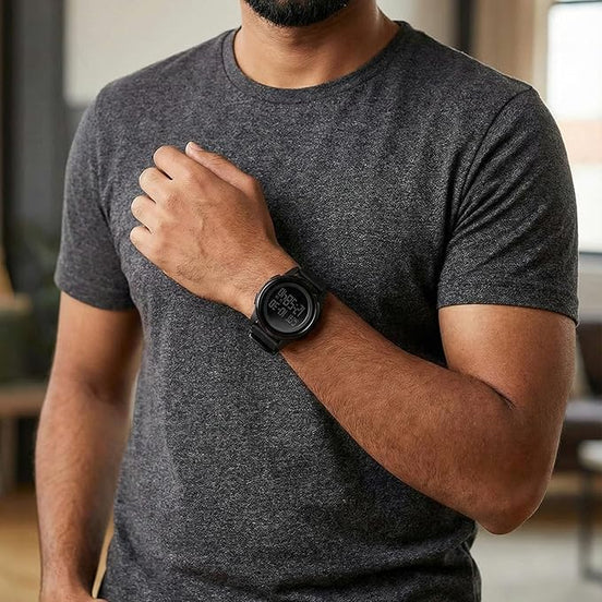 Digital Watch for Men with Black Polyurethane Strap and Round Dial for Casual & Formal Wear