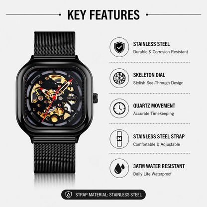 Skeleton Automatic Mechanical Watch for Men with Square Dial and Mesh Strap
