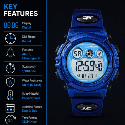 Kids Sports Multi Function Digital Watch, Multicolor Dial Sky ABS Case Kid's Watch, PU Rubber Strap Band, Waterproof LED Light Children Wristwatch