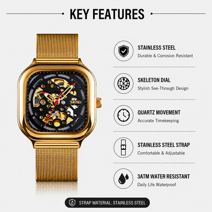 Skeleton Automatic Mechanical Watch for Men with Square Dial and Mesh Strap