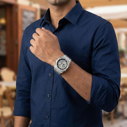 Analog-Digital Watch for Men with Silver Metal Strap and Round Dial for Casual & Formal Wear