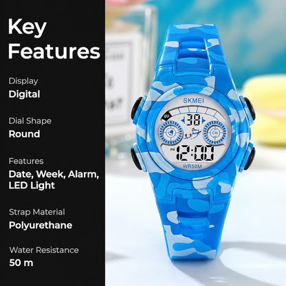 Digital Kids Watch LED Display, Round Dial, Waterproof Sports Watch with Alarm, Date & Comfortable Strap