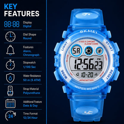 Kids Sports Multi Function Digital Watch, Multicolor Dial Sky ABS Case Kid's Watch, PU Rubber Strap Band, Waterproof LED Light Children Wristwatch