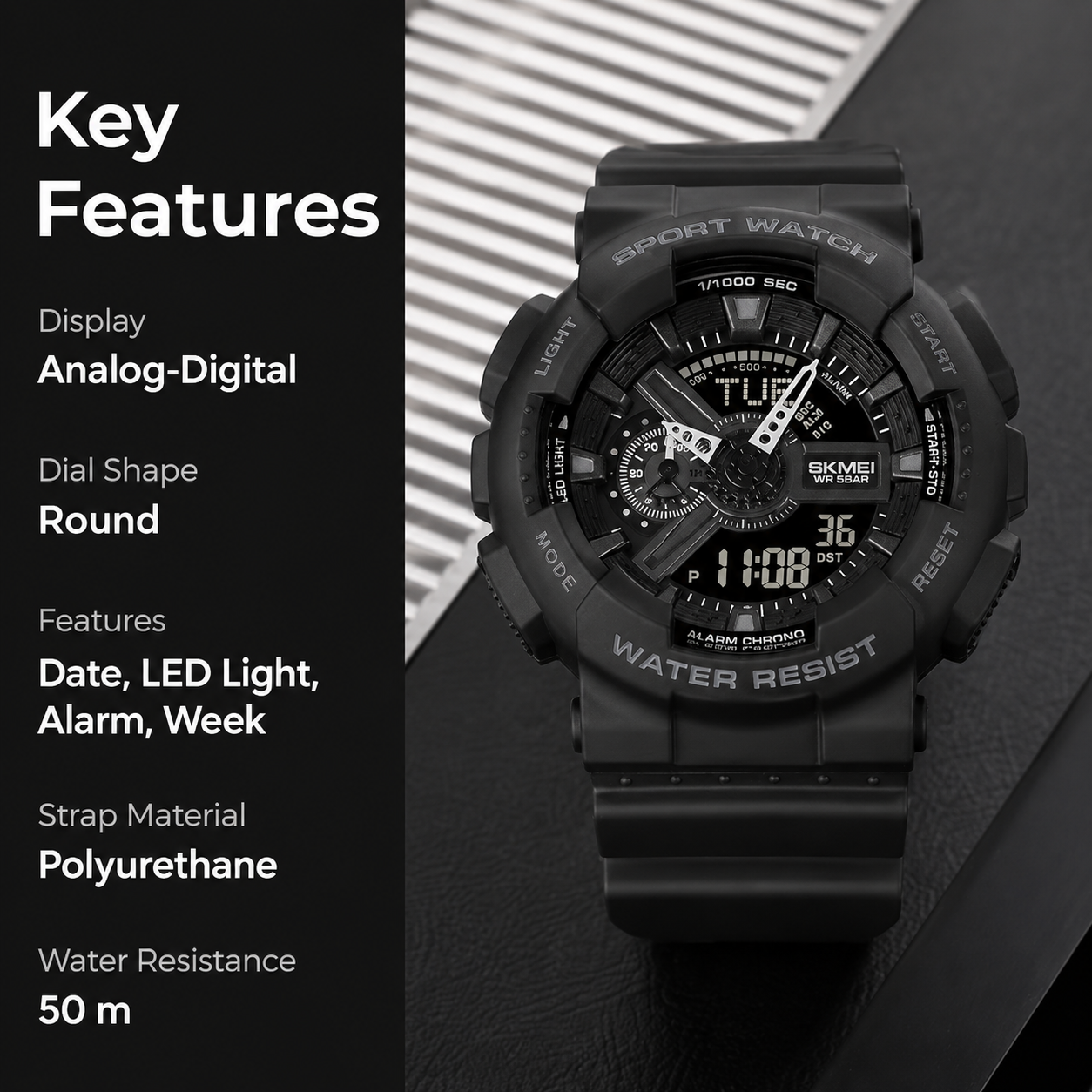 Analog-Digital Watch for Men with Black Silicone Strap and Round Dial for Casual & Formal Wear