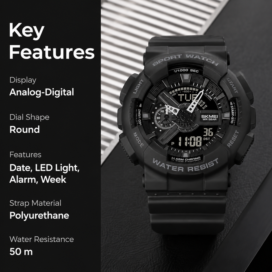 Analog-Digital Watch for Men with Black Polyurethane Strap and Round Dial for Casual & Formal Wear