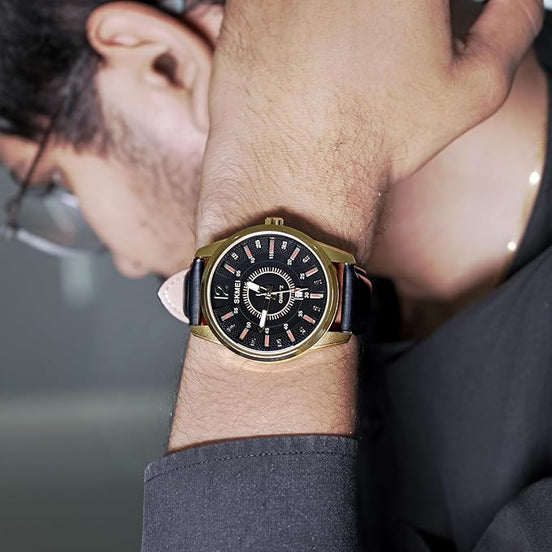 Analog Watch for Men with Black Leather Strap and Round Dial for Casual & Formal Wear