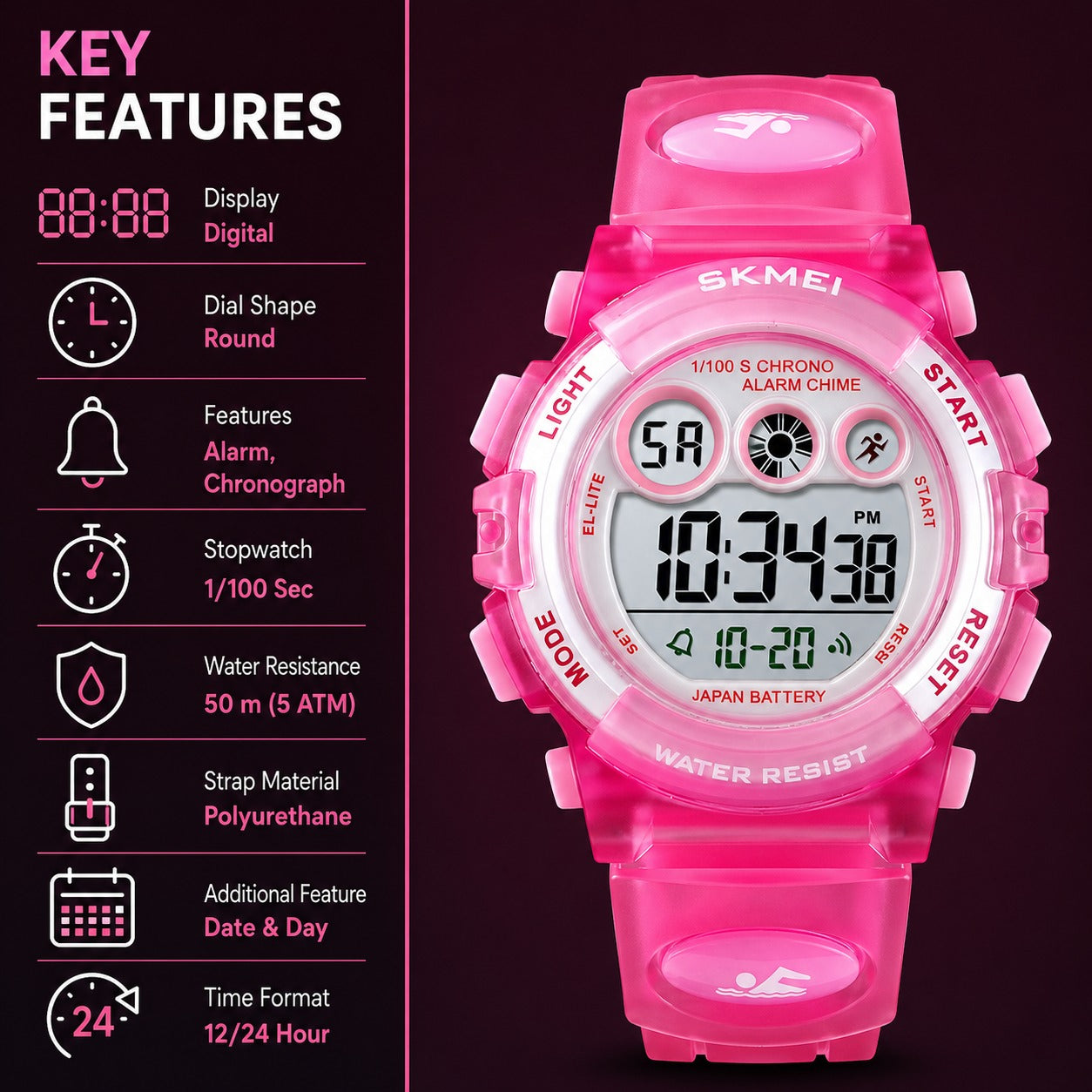 Kids Sports Multi Function Digital Watch, Multicolor Dial Sky ABS Case Kid's Watch, PU Rubber Strap Band, Waterproof LED Light Children Wristwatch