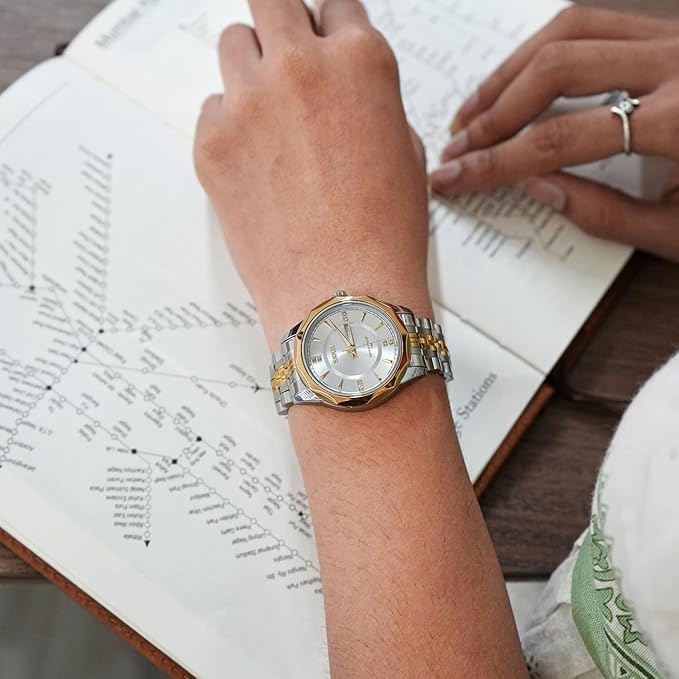 Minimalist Stainless Steel Watch with Date Week Display Simple dial Push-Button Clasp