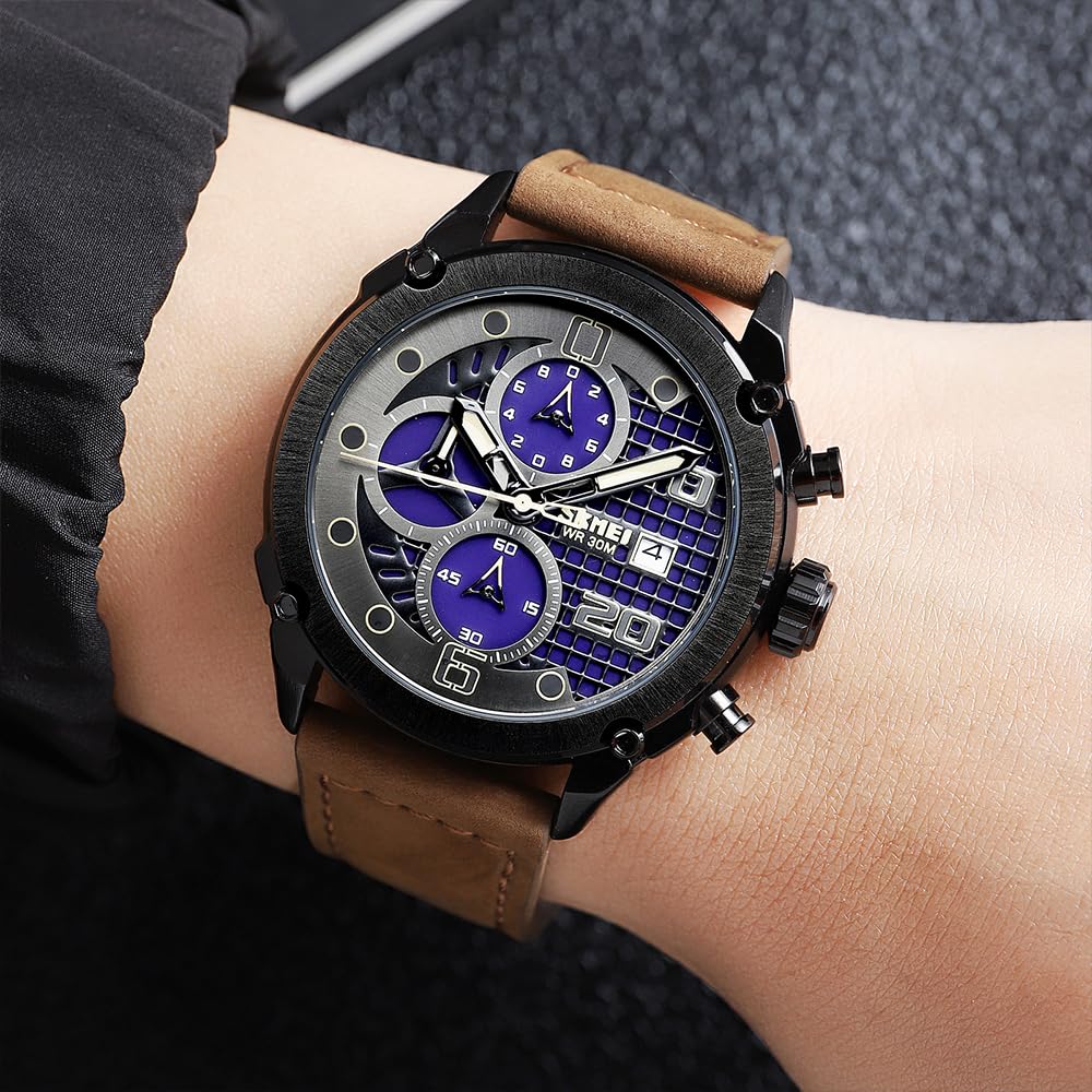 Premium Leather Chronograph Wristwatch with Textured Multi-Dial