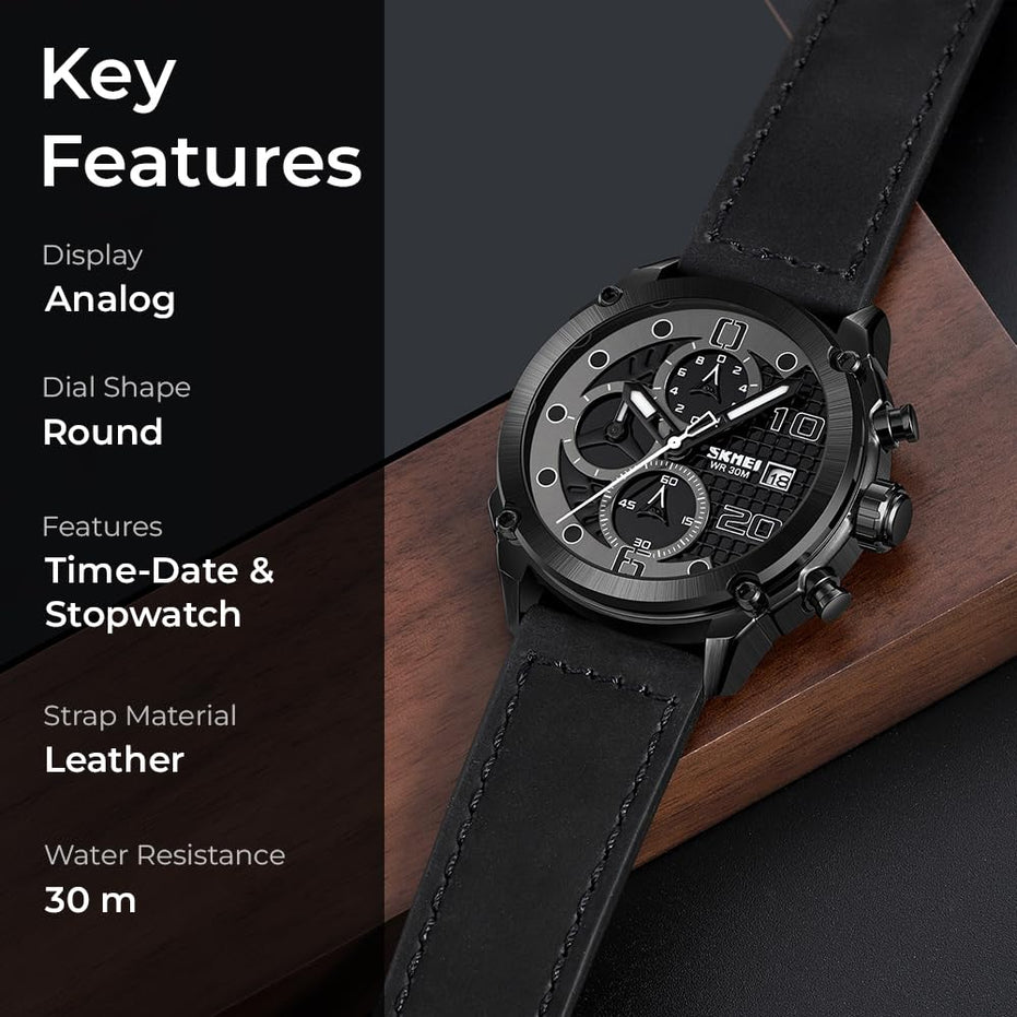 Analog Watch for Men with Black Leather Strap and Round Dial for Casual & Formal Wear