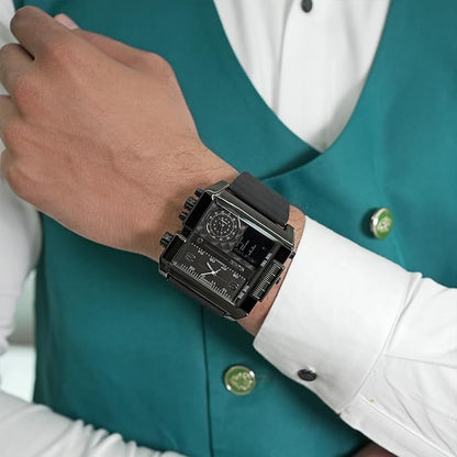 Multi Display Analog Digital Wrist Watch with Leather Strap For Men