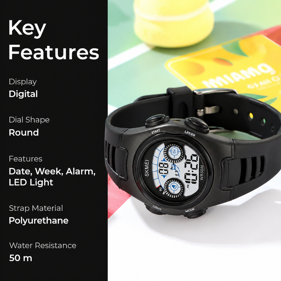 Digital Watch for Kids with Black Polyurethane Strap and Round Dial for Casual & Formal Wear