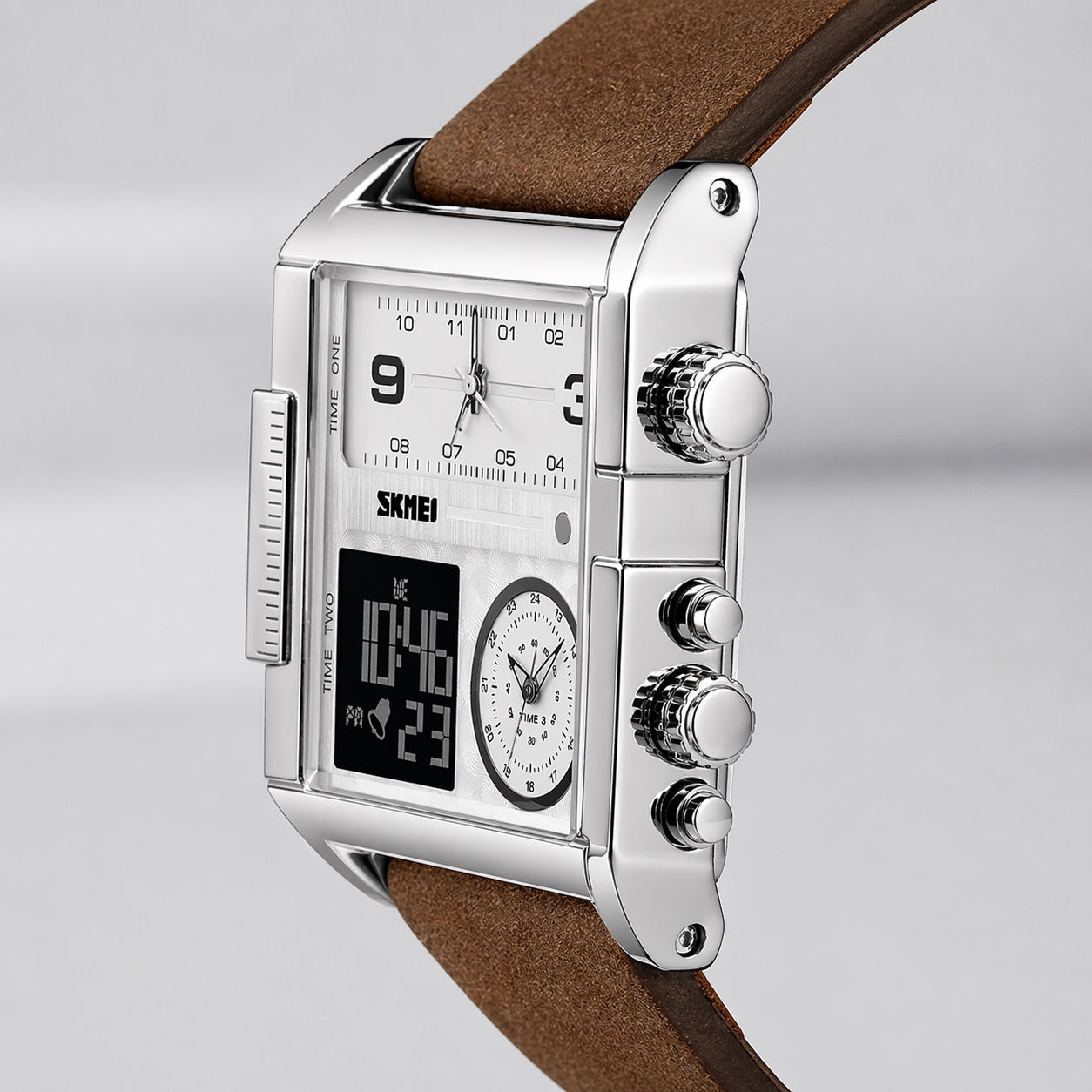Multi Display Analog Digital Wrist Watch with Leather Strap For Men