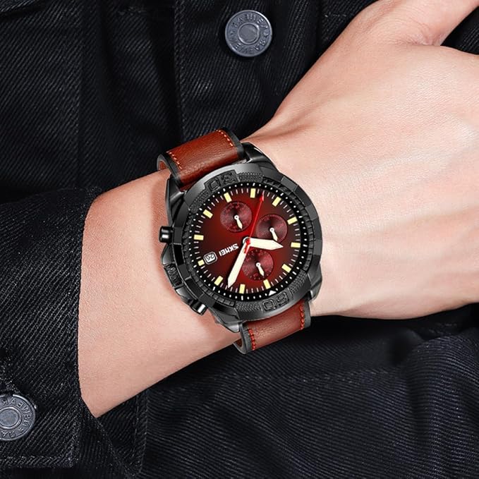 Men Quartz Watch Six Pointer Popular Leather Strap Waterproof Watch