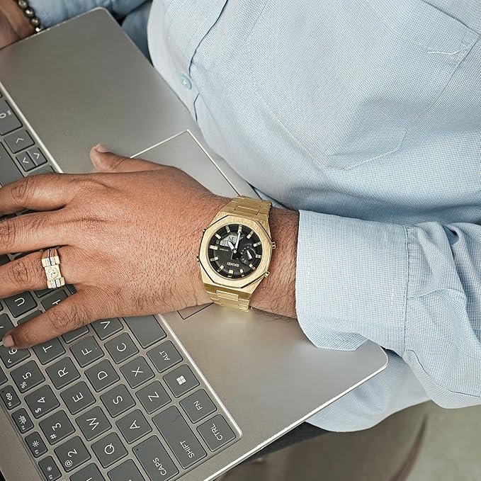 Analog-Digital Watch for Men with Gold Stainless Steel Strap and Round Dial for Casual & Formal Wear