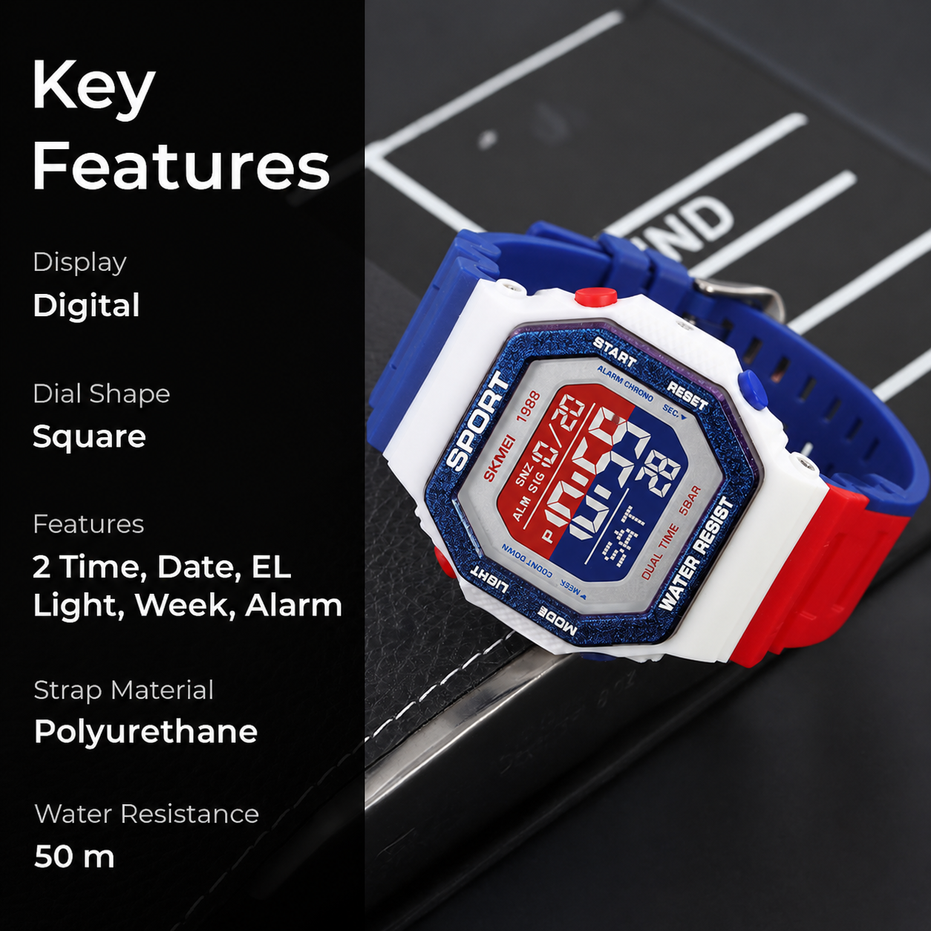 Digital Watch for Men with Red-blue Silicone Strap and Round Dial for Casual & Formal Wear