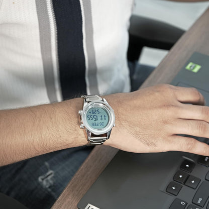 Digital Display White Dial Zinc Alloy Men's Stainless Steel Black Color Stylish Watch