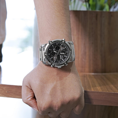 Luxury Analog Digital Stainless Steel Watch for Men with Dual Time Display and Premium Business Style