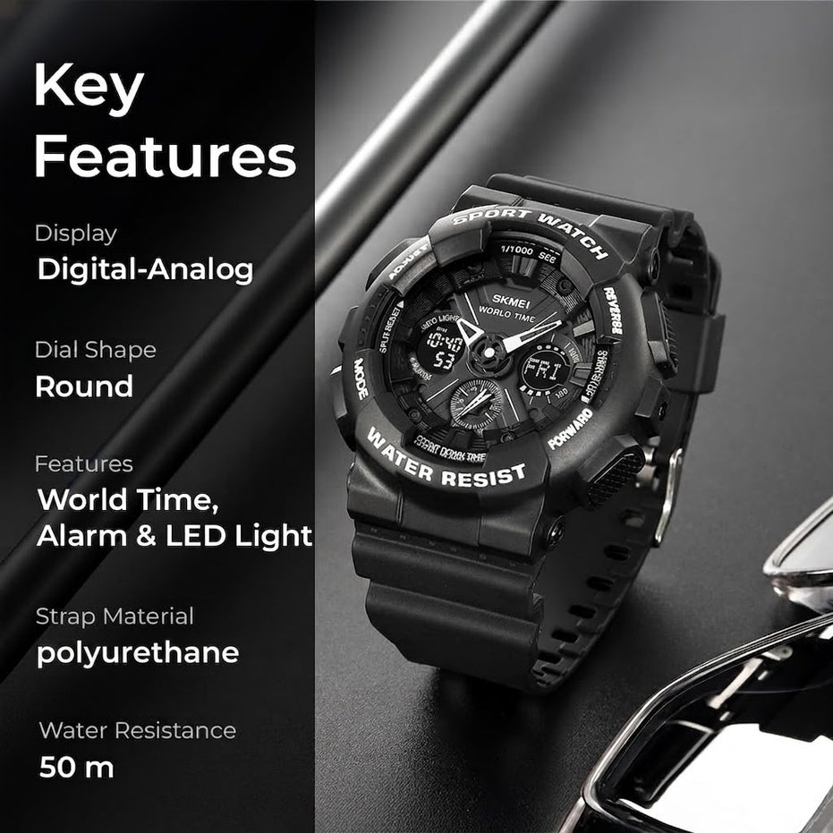 Analog-Digital Watch for Men with Black Silicone Strap and Round Dial for Casual & Formal Wear