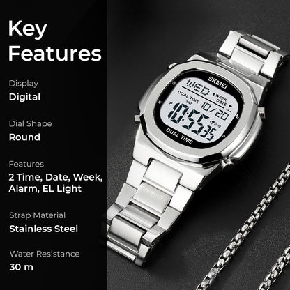 Premium Digital Sports Watch for Men with Stainless Steel Strap, Waterproof Style Wrist Watch for Casual Outdoor and Daily Wear