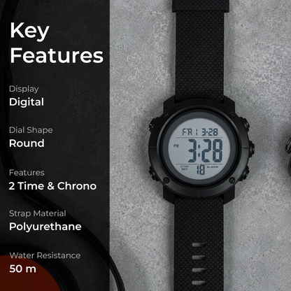 Digital Watch for Men with Round Dial, Dual Time Display, Alarm & Chronograph, Water Resistant Sports Watch with Durable Strap