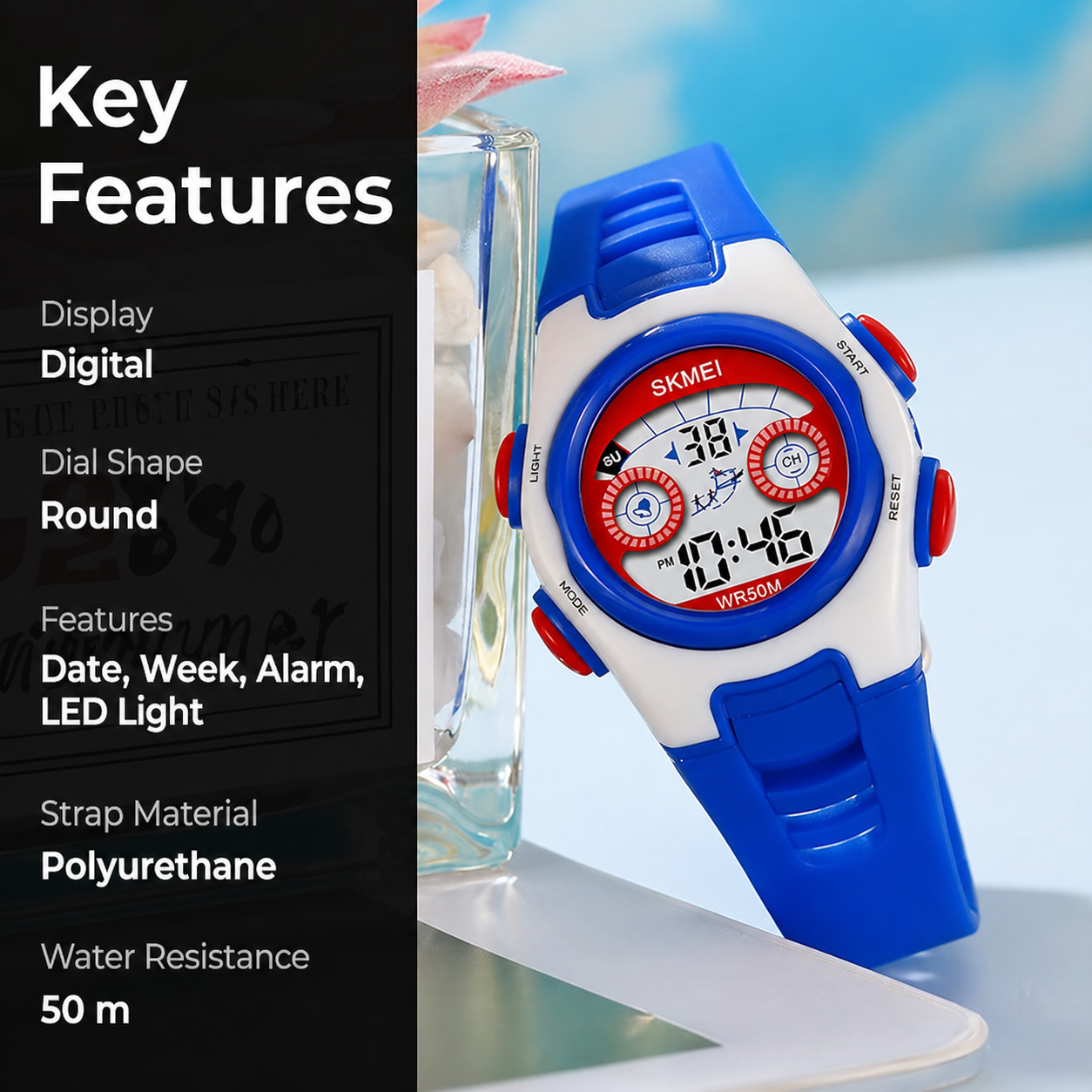 Digital Kids Watch LED Display, Round Dial, Waterproof Sports Watch with Alarm, Date & Comfortable Strap