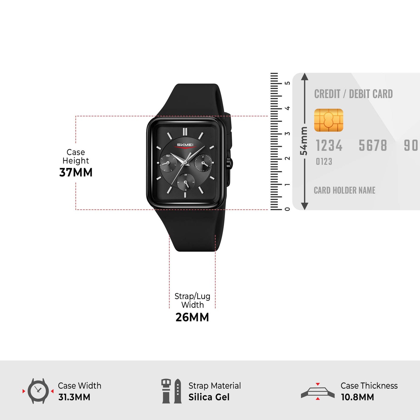 Skmei Analog Rectangle Black Dial ABS Case Silica Strap Watch for Women - 2323