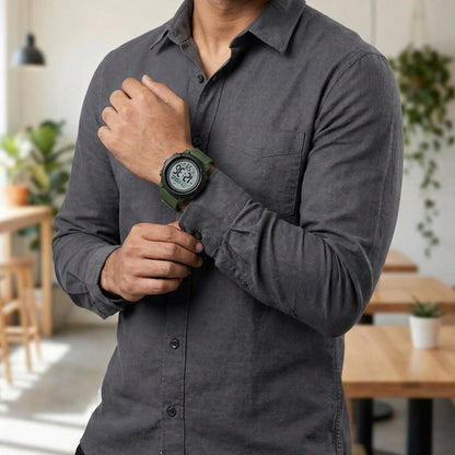 Digital Watch for Men with Round Dial, Dual Time Display, Alarm & Chronograph, Water Resistant Sports Watch with Durable Strap