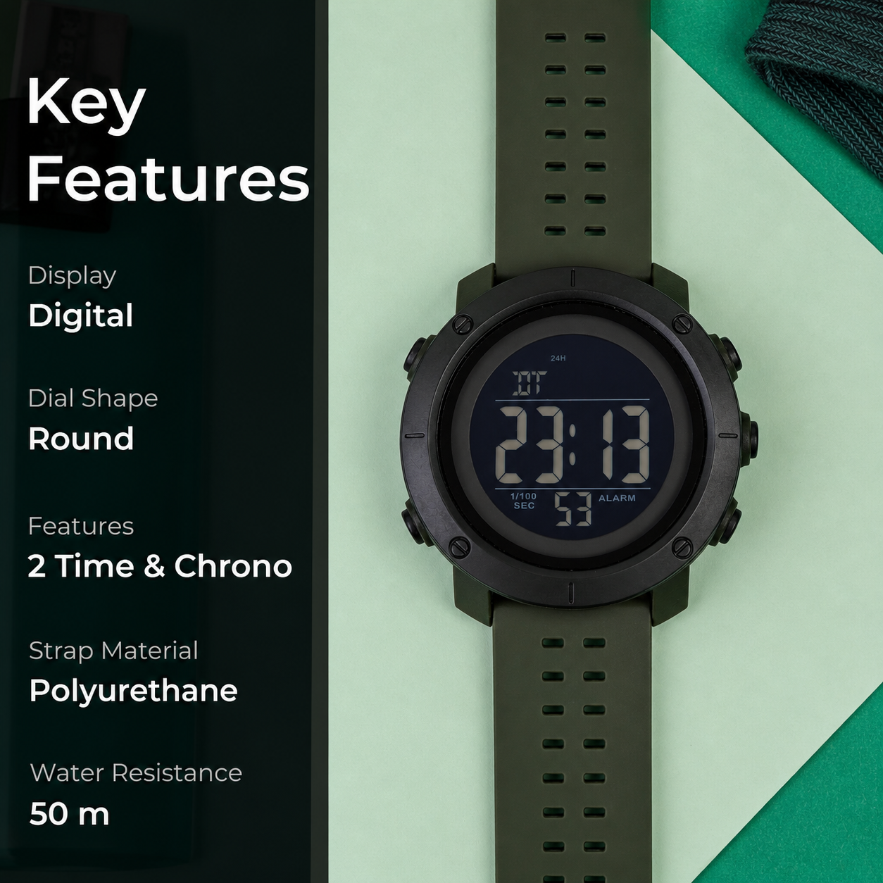 Digital Watch for Men with Round Dial, Dual Time Display, Alarm & Chronograph, Water Resistant Sports Watch with Durable Strap