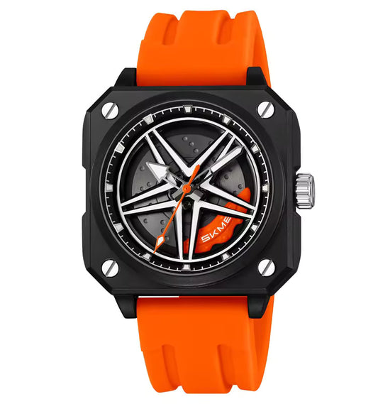 Silicone Men’s Analog Quartz Sports Watch Waterproof & Trendy Wheels Rolling Design
