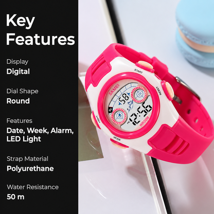 Digital Kids Watch LED Display, Round Dial, Waterproof Sports Watch with Alarm, Date & Comfortable Strap