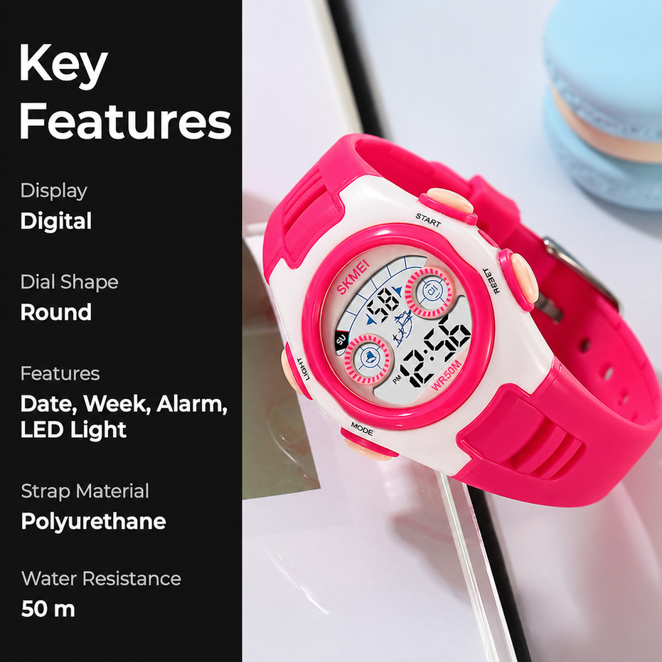 Digital Watch for Kids with Rose Red Polyurethane Strap and Round Dial for Casual & Formal Wear