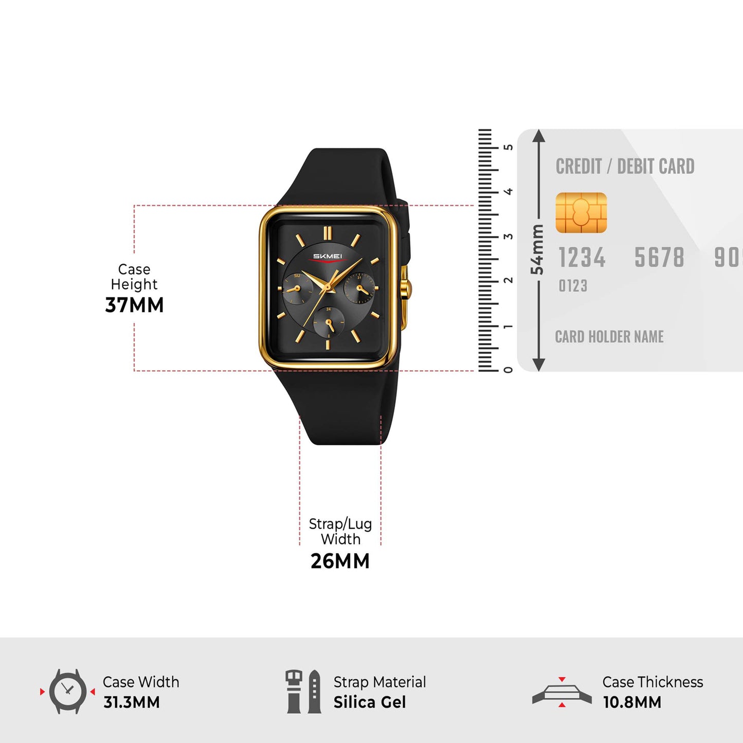 Skmei Analog Rectangle Black Dial ABS Case Silica Strap Watch for Women - 2323