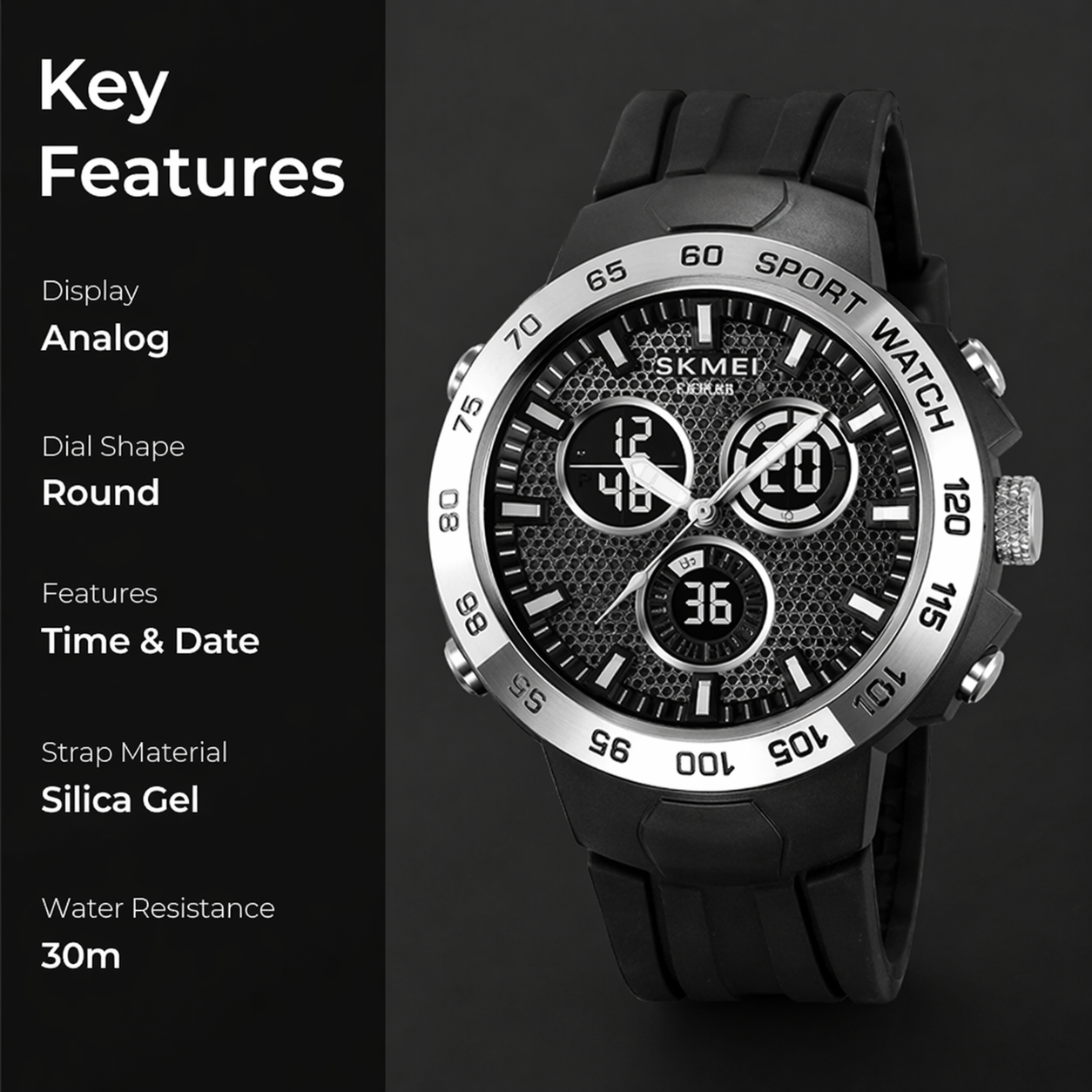 Analog-Digital Watch for Men with Black Silicone Strap and Round Dial for Casual & Formal Wear