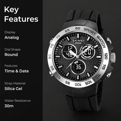 Analog-Digital Watch for Men with Black Silicone Strap and Round Dial for Casual & Formal Wear