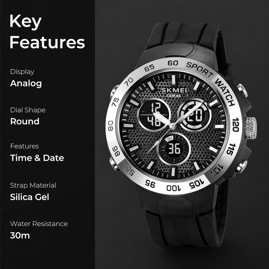 Analog-Digital Watch for Men with Black Silicone Strap and Round Dial for Casual & Formal Wear