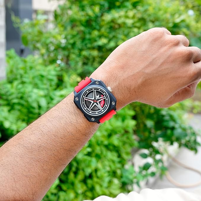 Silicone Men’s Analog Quartz Sports Watch Waterproof & Trendy Wheels Rolling Design