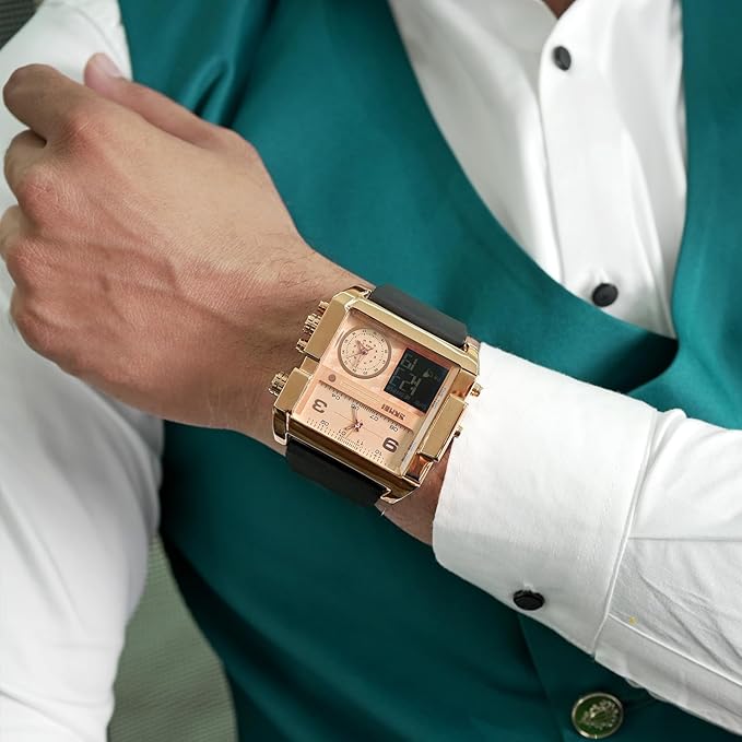 Multi Display Analog Digital Wrist Watch with Leather Strap For Men