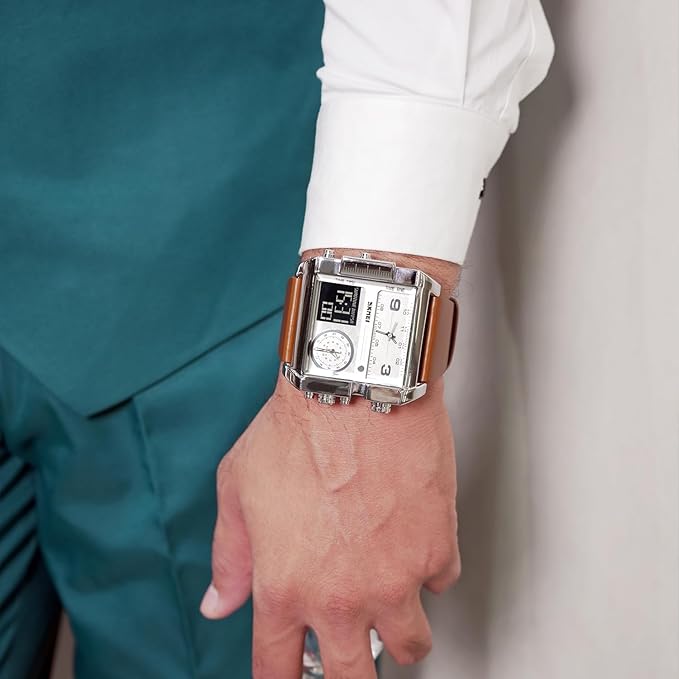 Multi Display Analog Digital Wrist Watch with Leather Strap For Men