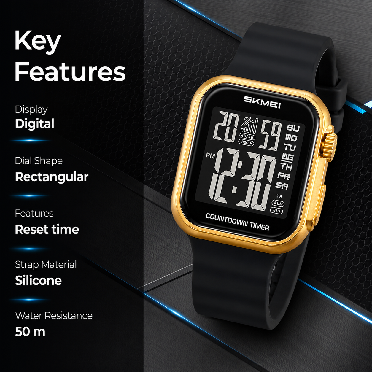 Square Digital Wrist Watch with Silicone Strap for men