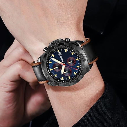 Analog Watch for Men with Black Leather Strap and Round Dial for Casual & Formal Wear