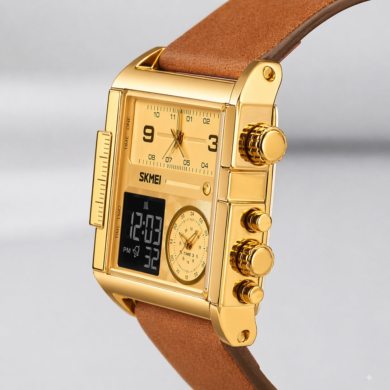 Multi Display Analog Digital Wrist Watch with Leather Strap For Men