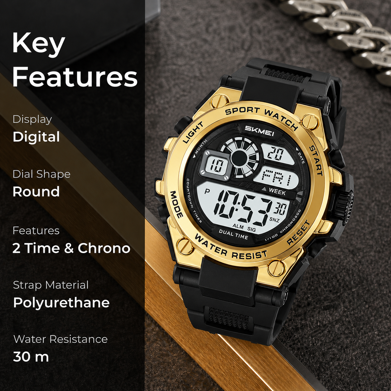 Rugged Digital Sports Watch with Dual Time Display for men