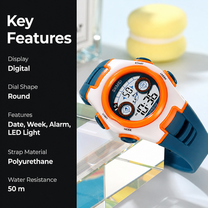 Digital Kids Watch LED Display, Round Dial, Waterproof Sports Watch with Alarm, Date & Comfortable Strap