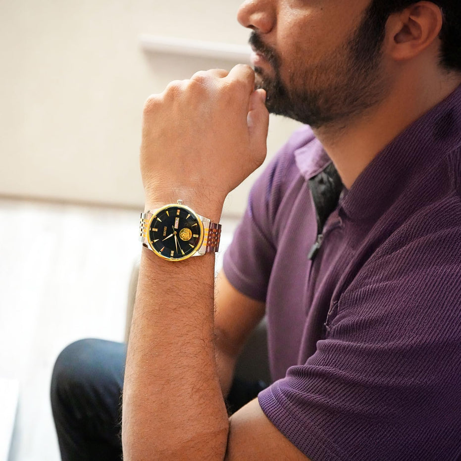 Analog Watch for Men with Silver-gold Stainless Steel Strap and Round Dial for Casual & Formal Wear