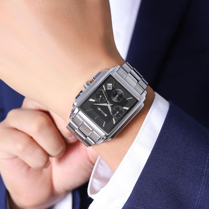 Classic Rectangular Analog Wrist Watch with Date Display and Metal Strap for men