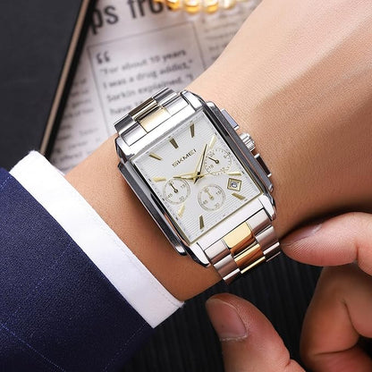 Classic Rectangular Analog Wrist Watch with Date Display and Metal Strap for men